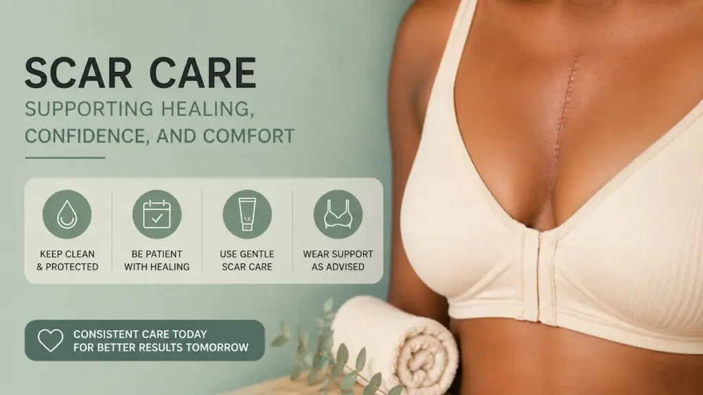 Breast reduction before and after black women image showing scar care guidance, a supportive post-operative bra, and healing awareness for darker skin tones.