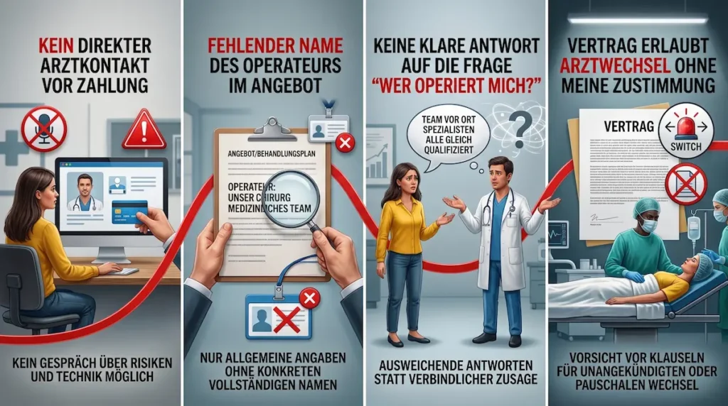 Vier Red Flags zu „ghost surgery türkei“: kein Arztkontakt, kein Operateurname, unklare Antwort und möglicher Arztwechsel.