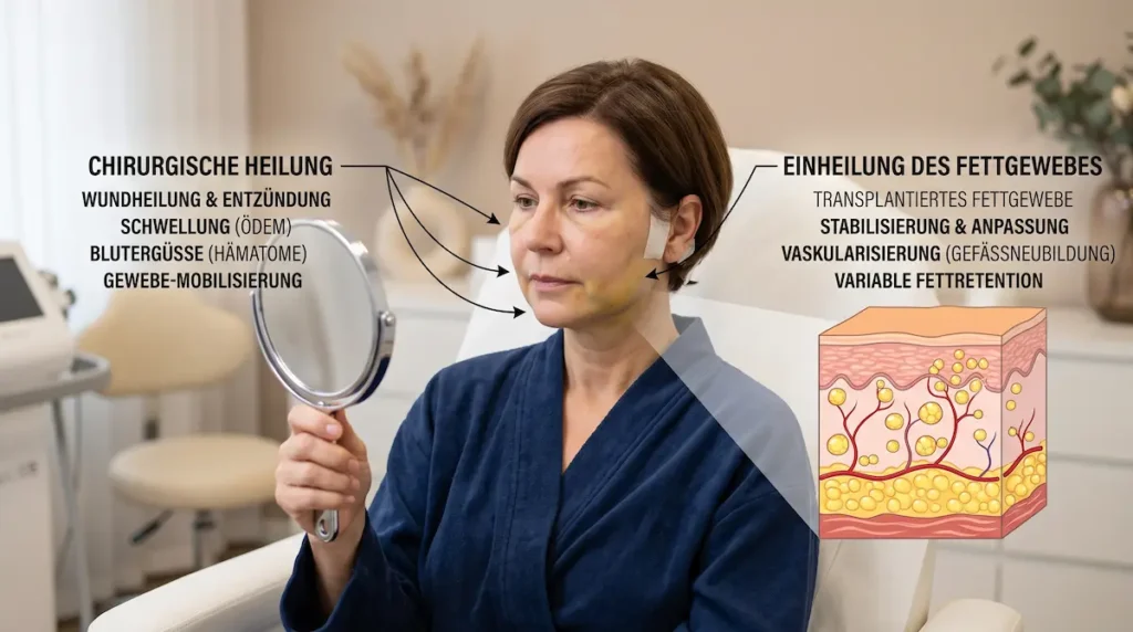 Facelift Heilung Stammzellen: Patientin vor dem Spiegel mit Darstellung der chirurgischen Heilung und Einheilung von transplantiertem Fettgewebe.