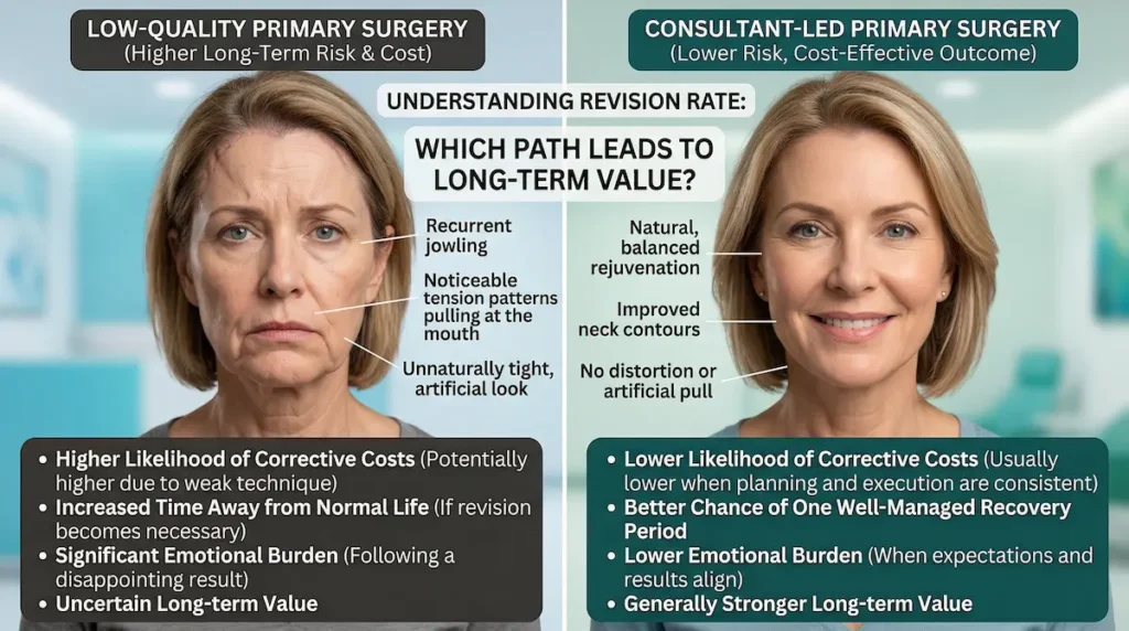 Infographic explaining facelift revision rate by comparing low-quality primary surgery with consultant-led primary surgery, highlighting long-term cost, recovery and natural-looking outcomes.