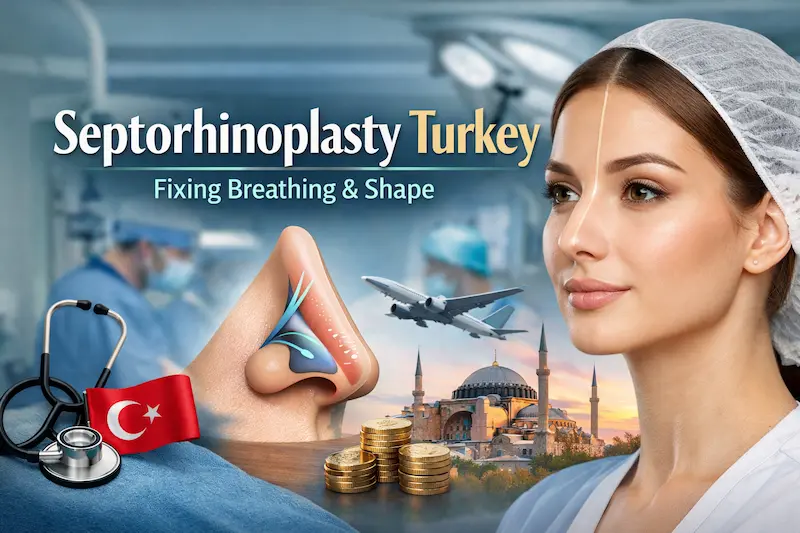 Septorhinoplasty Turkey cover image showing a patient profile, nasal anatomy illustration for breathing improvement, and Istanbul landmark background.