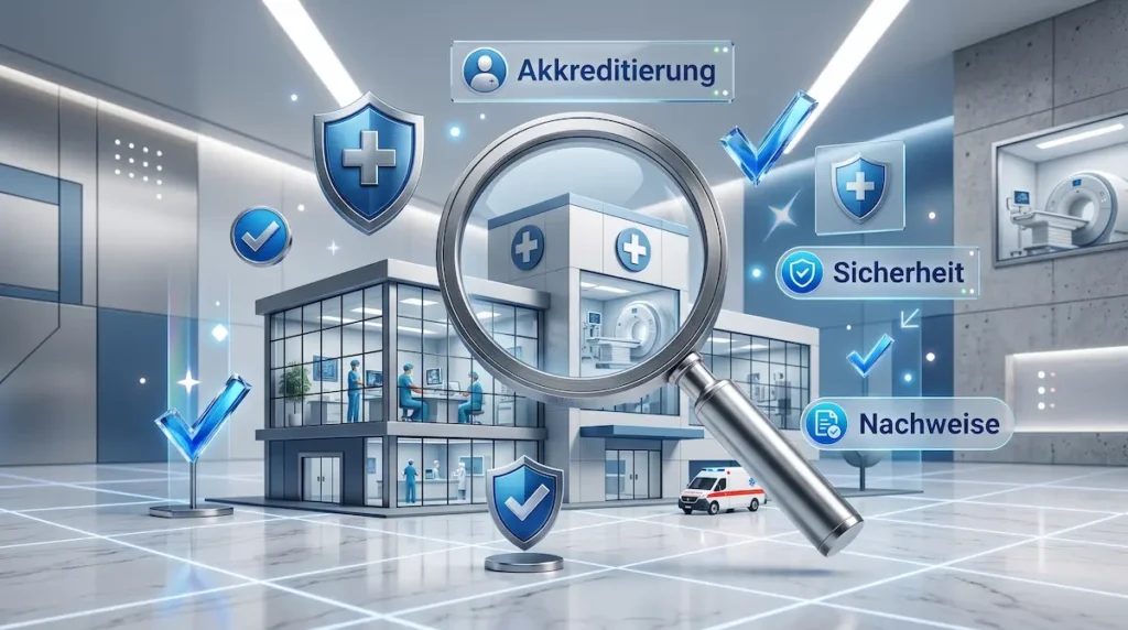 Deep Plane Facelift Klinik Türkei: Lupe über einem Krankenhaus mit Symbolen für Akkreditierung, Sicherheit und Nachweise.