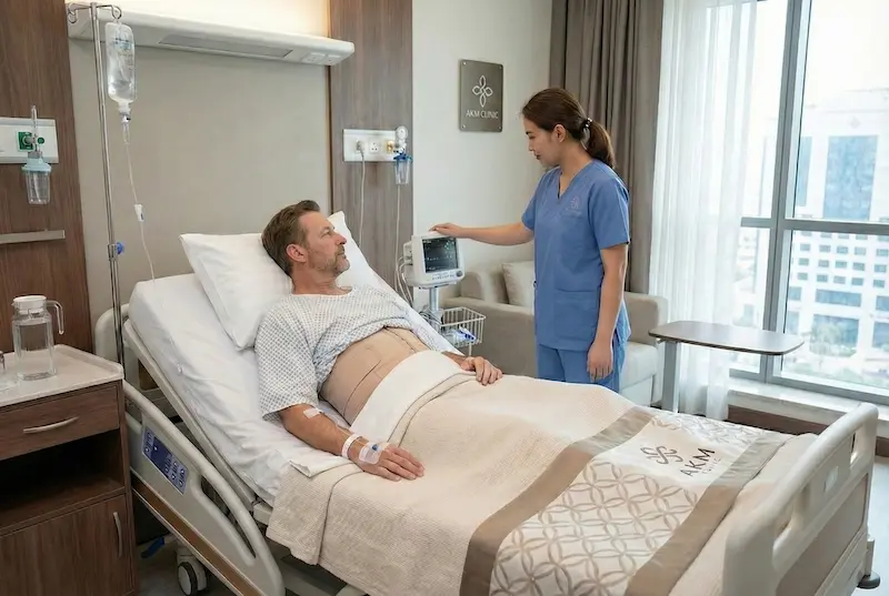 Post-op recovery scene at AKM Clinic showing a male patient resting in bed with abdominal compression bandage while a nurse checks vital signs.