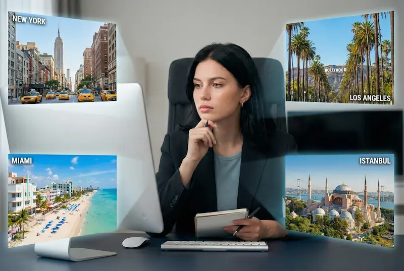 Cost comparison visual showing a patient researching SMAS facelift cost with city panels for New York, Los Angeles, Miami, and Istanbul to compare pricing and value.