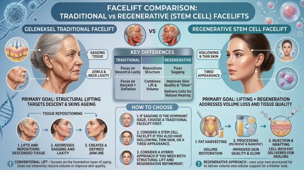 Stem cell facelift vs traditional facelift infographic showing structural lifting, volume loss, tissue quality, and regenerative facial rejuvenation differences.