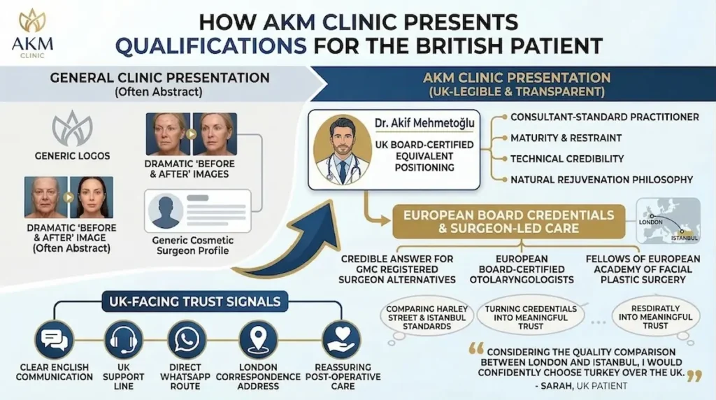 Infographic showing how AKM Clinic presents qualifications, surgeon-led care, and UK trust signals for specialist plastic surgeon turkey patients.
