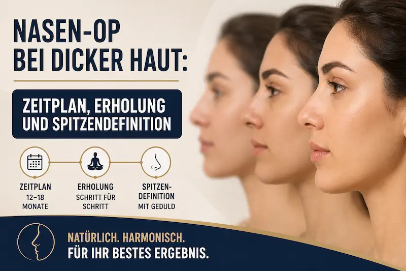 Infografik zum Thema „nasen op dicke haut“ mit 12–18 Monaten Heilungsverlauf, Erholung und schrittweiser Spitzendefinition.