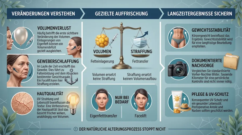 Stammzellen Facelift Haltbarkeit: Infografik zu Volumenverlust, Gewebeerschlaffung, Auffrischung, Gewichtsstabilität und langfristiger Nachsorge.