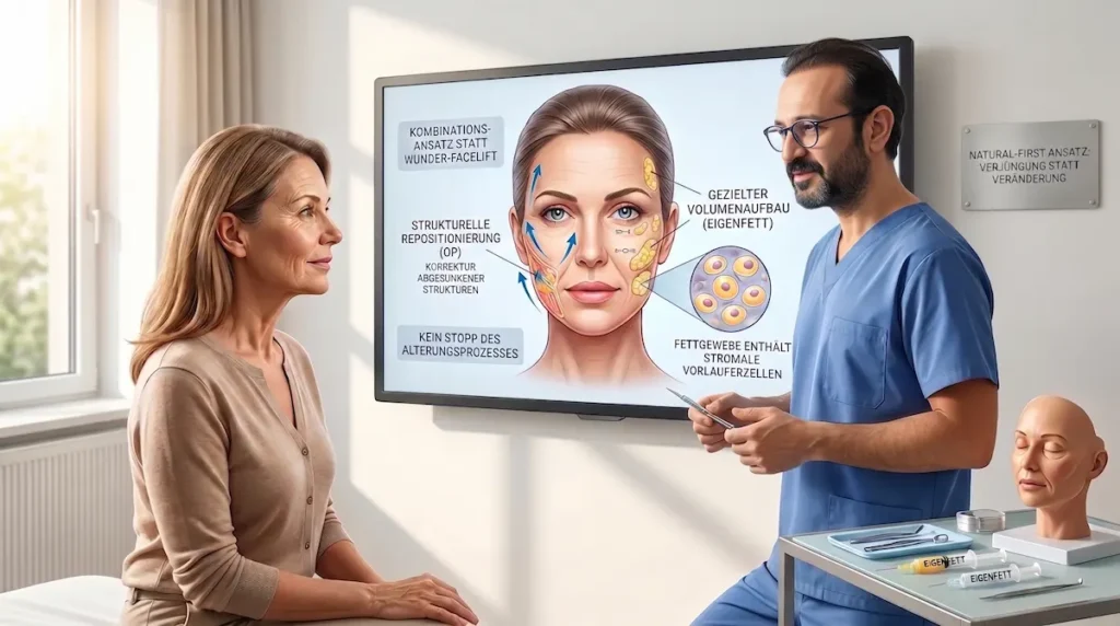 Stammzellen Facelift: Arzt erklärt einer Patientin auf einem Bildschirm die Kombination aus Straffung und Eigenfett.