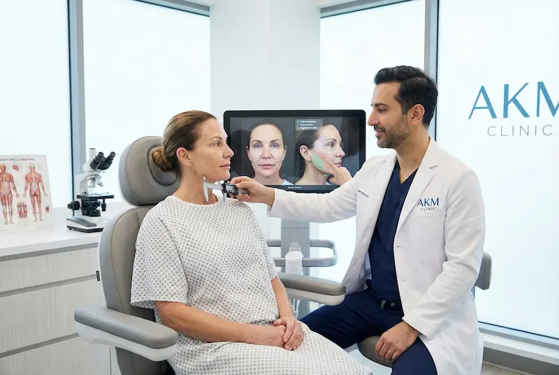 Surgeon-led consultation at AKM Clinic showing facial assessment and markings as part of the procedure step-by-step at AKM Clinic for a natural-looking facelift plan.