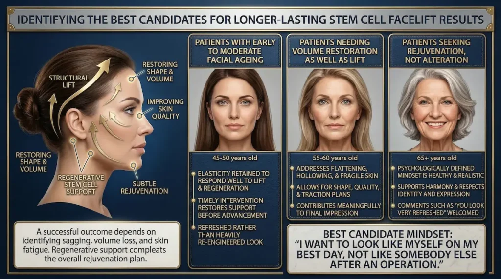 Infographic on stem cell facelift longevity showing the best candidate profiles for longer-lasting results, including early to moderate facial ageing, volume loss with sagging, and patients seeking subtle rejuvenation rather than alteration.
