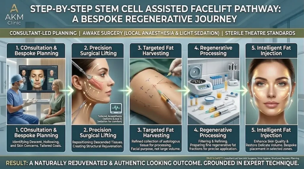 Stem cell assisted facelift surgery infographic showing consultant-led planning, local anaesthesia, fat harvesting, regenerative processing, and facial injection steps.