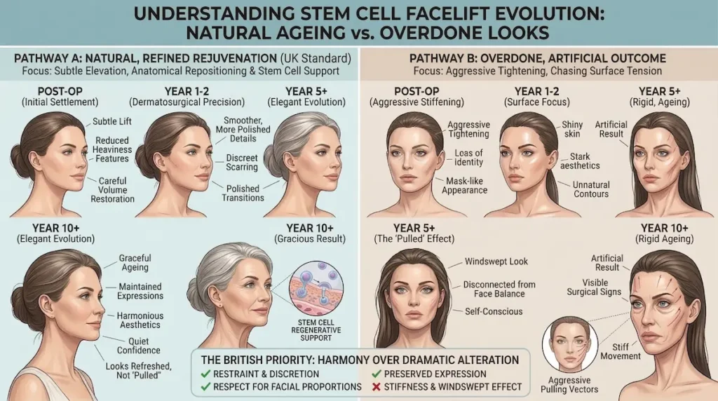 Illustration explaining stem cell facelift longevity by comparing natural ageing after a refined stem cell-assisted facelift with overdone long-term results.