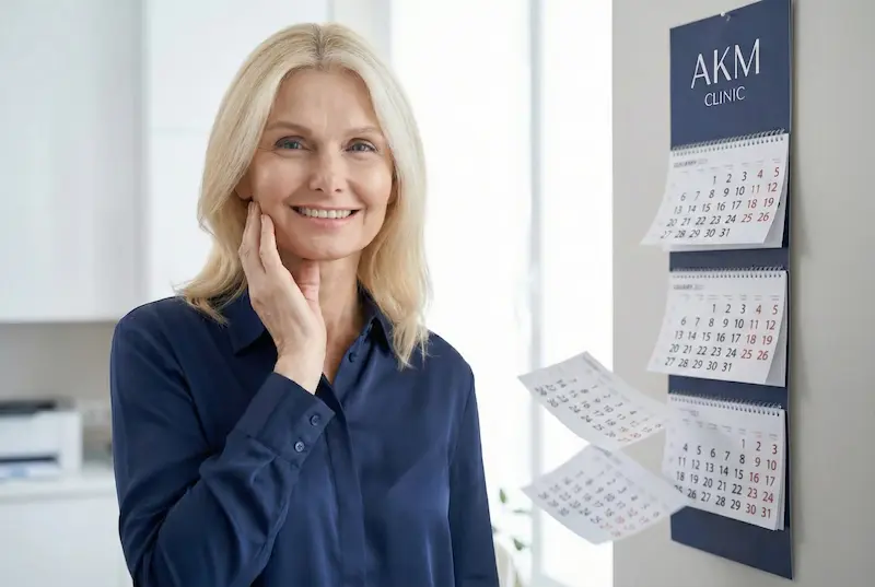 Smiling mature woman touching her jawline beside an AKM Clinic calendar, illustrating stem cell facelift longevity planning.