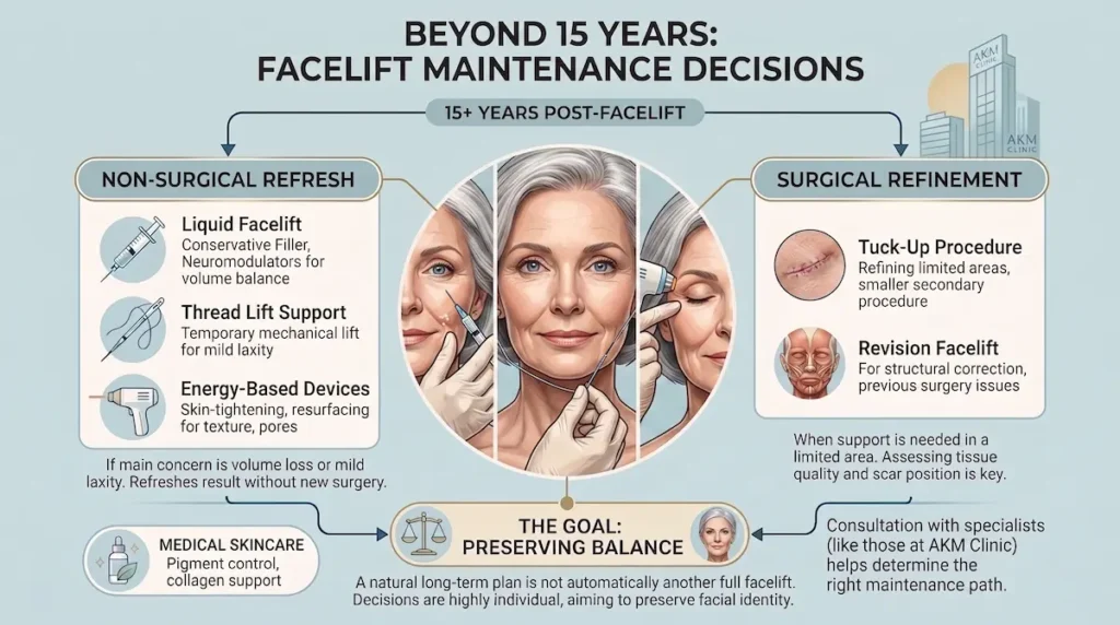 Stem cell facelift longevity infographic showing 15 year maintenance decisions, non-surgical refresh options and revision planning.