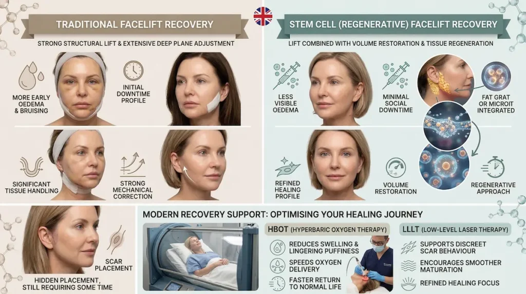 Stem cell facelift vs traditional facelift recovery infographic showing oedema, scarring, healing support, HBOT, LLLT, and differences in post-operative recovery