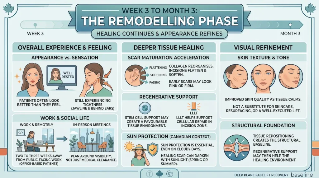 Facelift recovery with stem cells infographic showing week 3 to month 3 remodelling, scar maturation and skin texture changes.