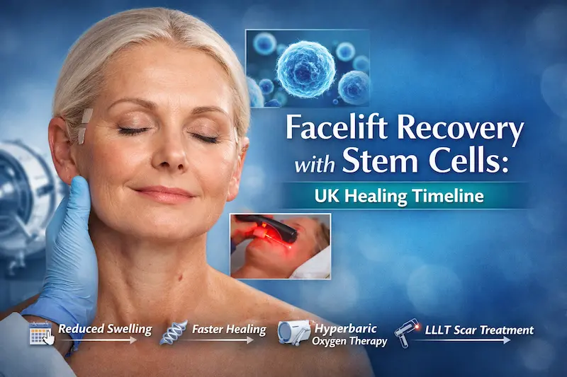 Facelift recovery with stem cells visual showing a woman during post-operative healing with HBOT, LLLT scar treatment, and a UK healing timeline.