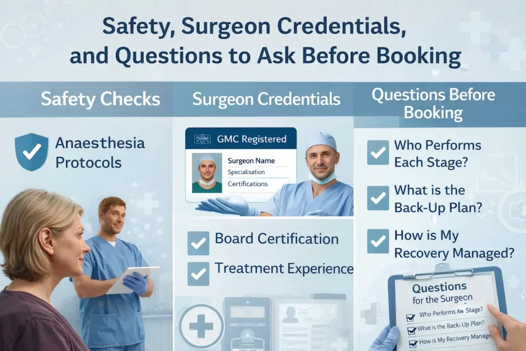 Stem cell facelift vs traditional facelift safety infographic showing surgeon credentials, anaesthesia checks, and booking questions for UK patients