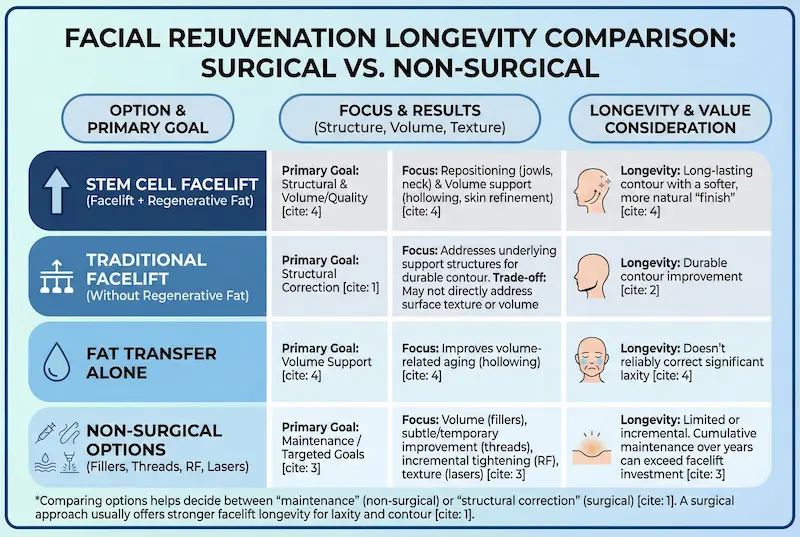 Facial rejuvenation longevity comparison chart showing stem cell facelift vs traditional facelift, fat transfer alone, and non-surgical options with focus, results, and longevity value.