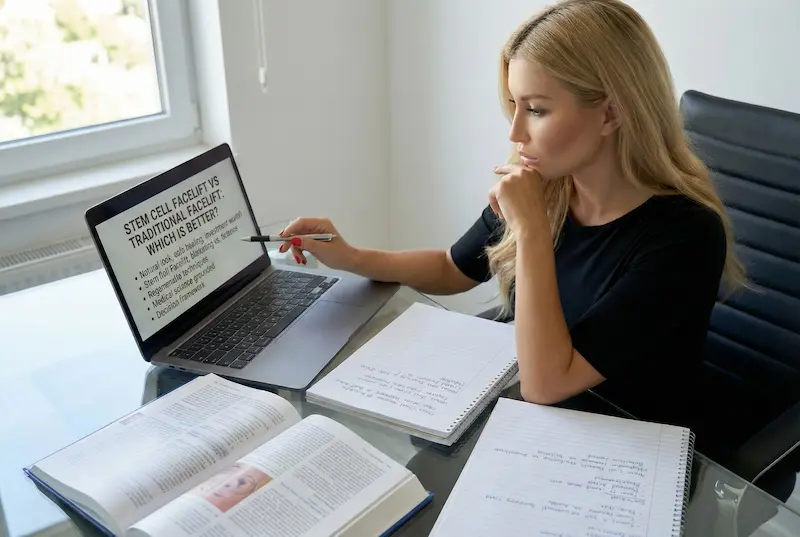 A woman researching stem cell facelift vs traditional facelift on a laptop while taking notes in a bright office setting.