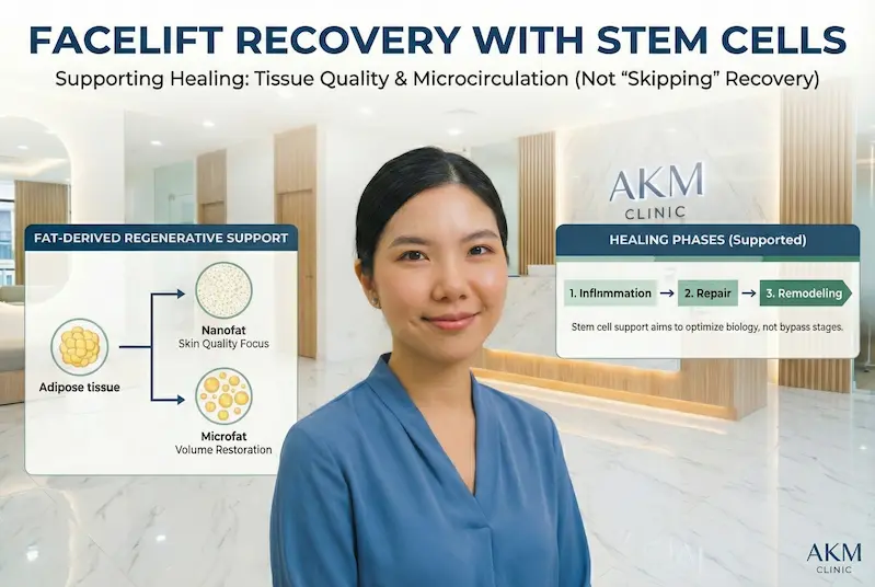 Infographic explaining what stem cells mean in facelift recovery, showing fat-derived regenerative support (nanofat vs microfat) and healing phases (inflammation, repair, remodeling) at AKM Clinic