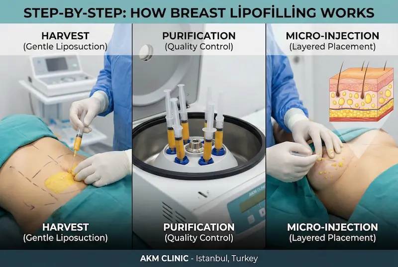 Step-by-step infographic showing breast lipofilling workflow: harvest (gentle liposuction), purification (quality control/centrifuge), and micro-injection (layered placement) in a clinical setting.