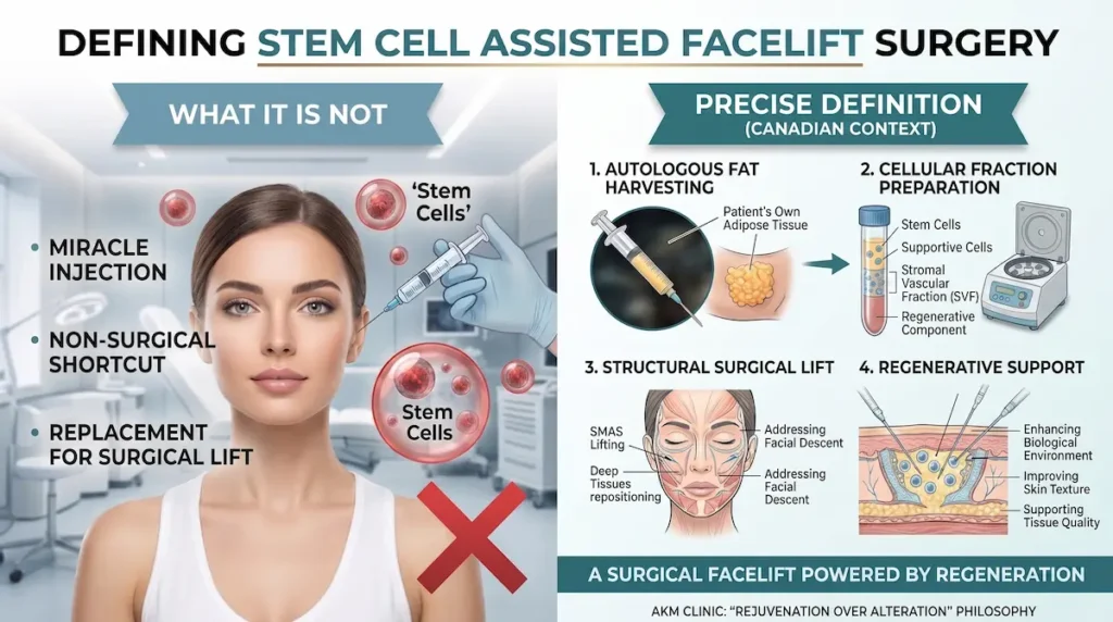 Stem cell assisted facelift surgery infographic showing SVF preparation, autologous fat harvest and surgical lift support.