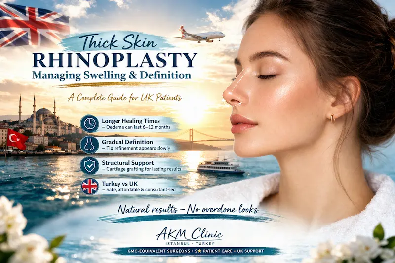 Thick skin rhinoplasty cover image showing swelling, tip definition, structural support, and Turkey vs UK guidance for patients.