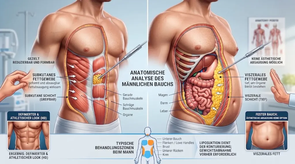 Anatomische Darstellung von subkutanem und viszeralem Bauchfett beim Mann – fettabsaugung männer türkei im medizinischen Vergleich