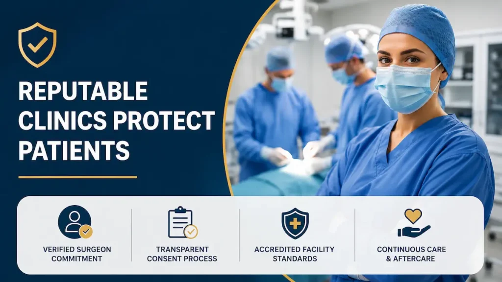 Medical safety visual showing reputable clinic protections that help Canadian patients avoid ghost surgery in Turkey.