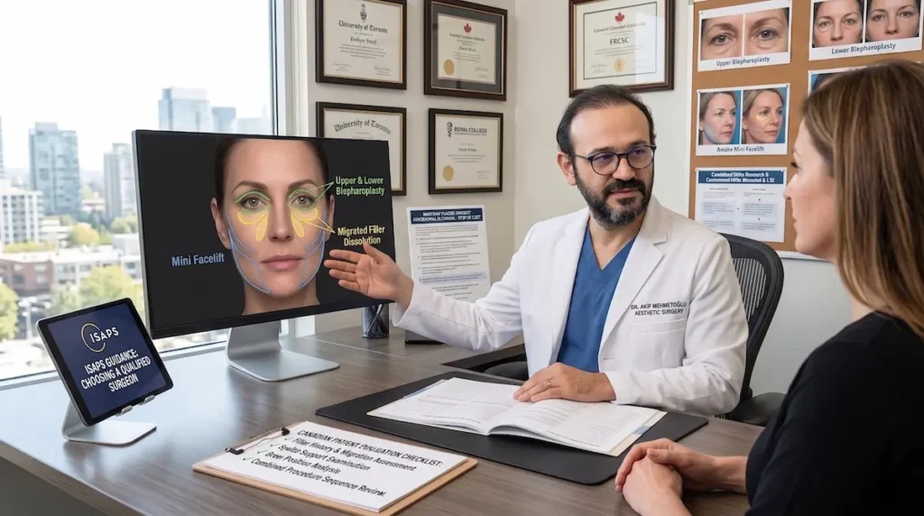 Surgeon consultation image for filler removal eye rejuvenation mini facelift planning and combined facial assessment.