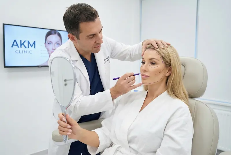 Surgeon consultation at AKM Clinic marking facelift planning lines on a patient’s face to optimize outcomes and aftercare.