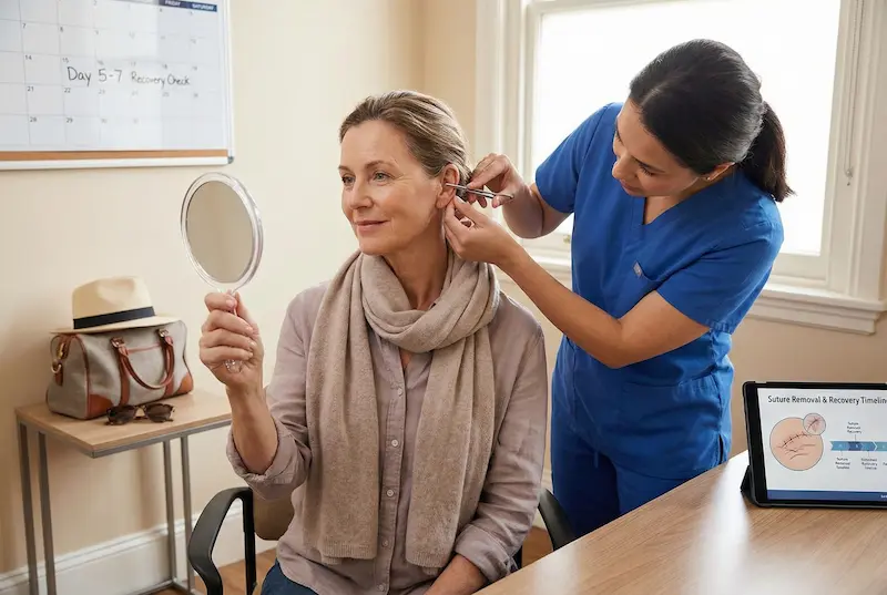 Clinician removing sutures near the ear during the Day 5 to Day 7 deep plane facelift recovery check while the patient reviews healing in a hand mirror.
