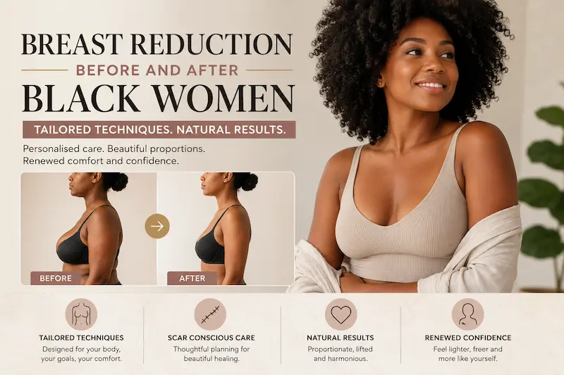 Breast reduction before and after black women cover image showing personalised care, natural-looking results, and scar-aware healing for darker skin.
