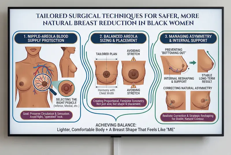 Infographic illustrating tailored surgical techniques for safer, more natural breast reduction results, including nipple–areola blood supply protection, balanced areola sizing and placement, and managing asymmetry with internal support.