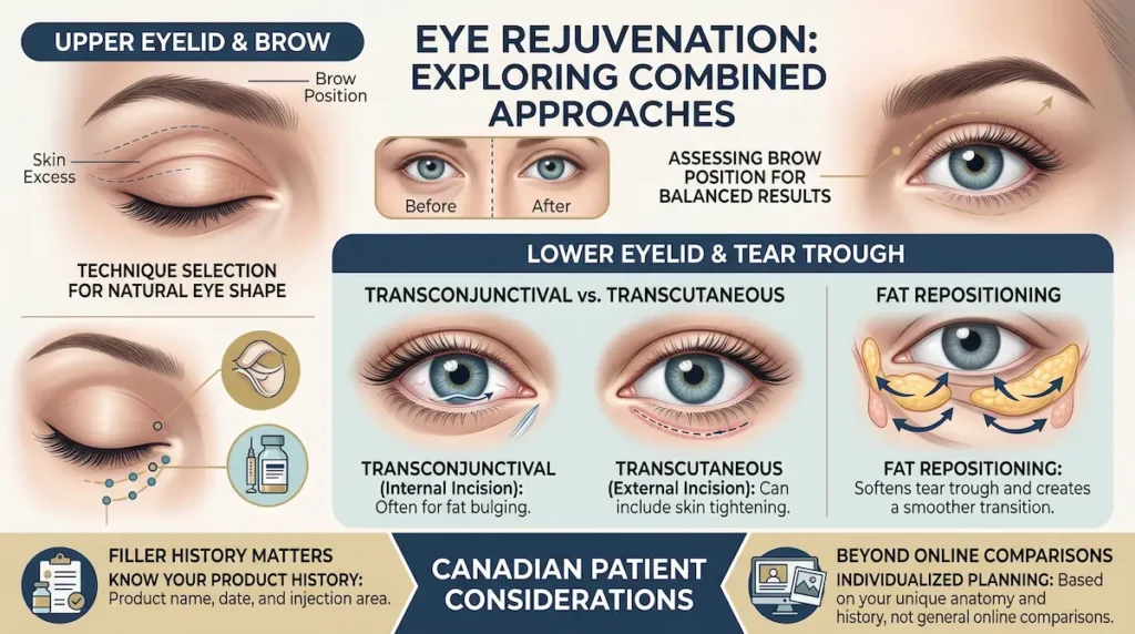 Diagram for filler removal eye rejuvenation mini facelift planning showing brow, eyelid, and tear trough choices.