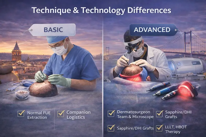 Infographic comparing basic vs advanced hair transplant technique and technology differences, showing FUE extraction versus dermatosurgeon-led tools, sapphire/DHI grafts, and LLLT/HBOT recovery support in Istanbul.