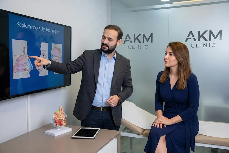 Surgeon consultation explaining techniques used in modern septorhinoplasty with nasal anatomy diagrams on screen at AKM Clinic.