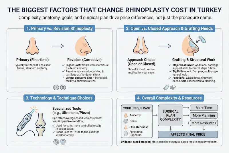 Infographic showing the biggest factors that change rhinoplasty cost in Turkey: primary vs revision, open vs closed approach, grafting needs, technique choices, and overall complexity.