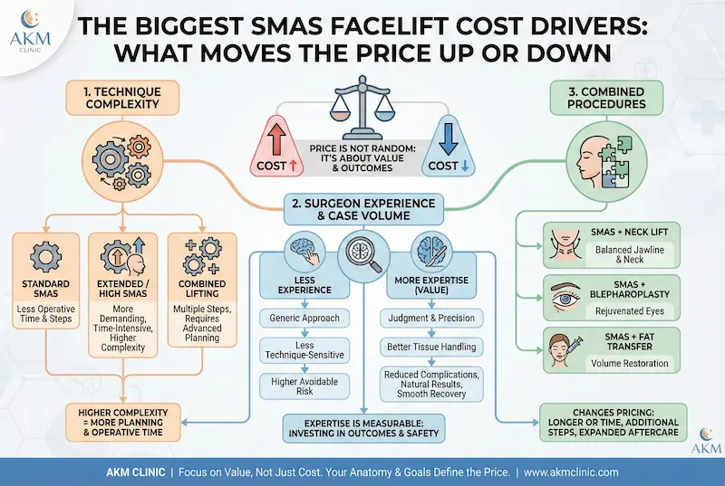 Infographic explaining the biggest SMAS facelift cost drivers—technique complexity, surgeon experience and case volume, and combined procedures—and how each factor moves pricing up or down.