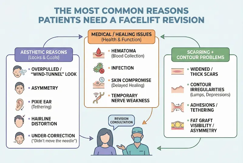 Infographic showing the most common reasons patients need a facelift revision, including aesthetic issues, medical healing problems, and scarring or contour concerns