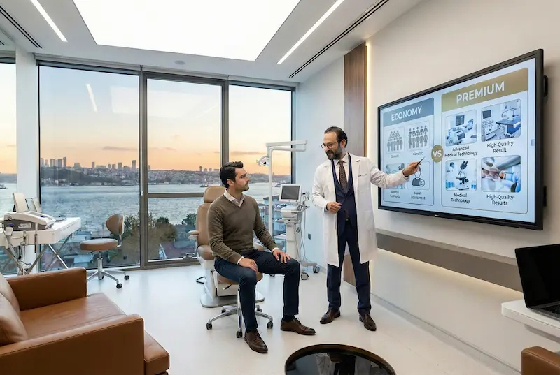 Doctor explaining economy vs premium pricing factors to a patient in a modern Istanbul clinic, illustrating the real price range in Turkey and why it varies so much.