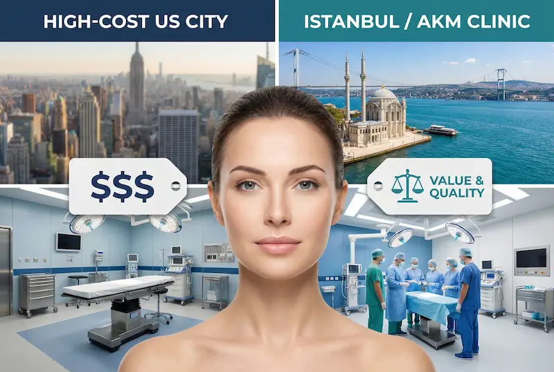 Comparison visual showing a high-cost US city versus Istanbul/AKM Clinic, illustrating that Turkey is 70 percent less due to economic structure, not lower quality.