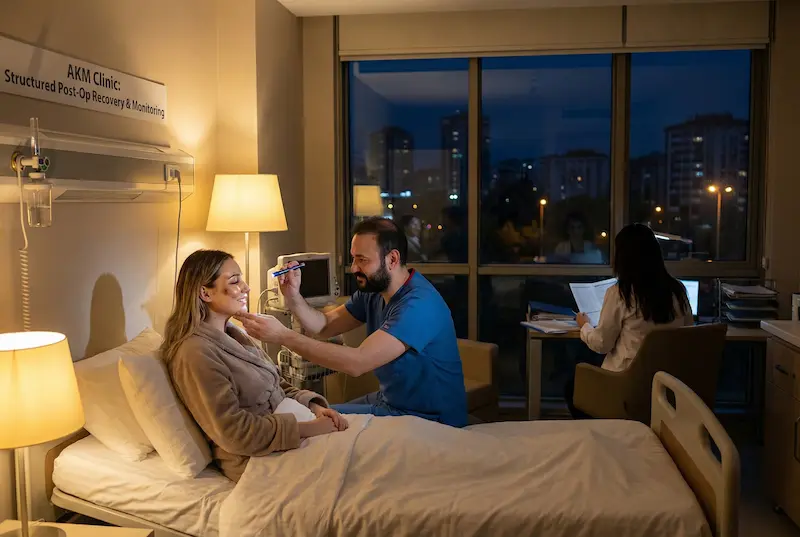 Surgeon-led bedside assessment during post-op recovery, with coordinated clinical staff support in a modern patient room—illustrating the surgical team advantage and structured follow-up care.