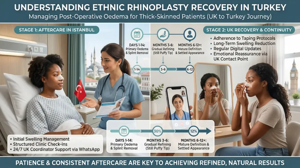 Ethnic rhinoplasty Turkey recovery infographic showing post-operative oedema management, Istanbul aftercare, and UK follow-up for thick-skinned patients.