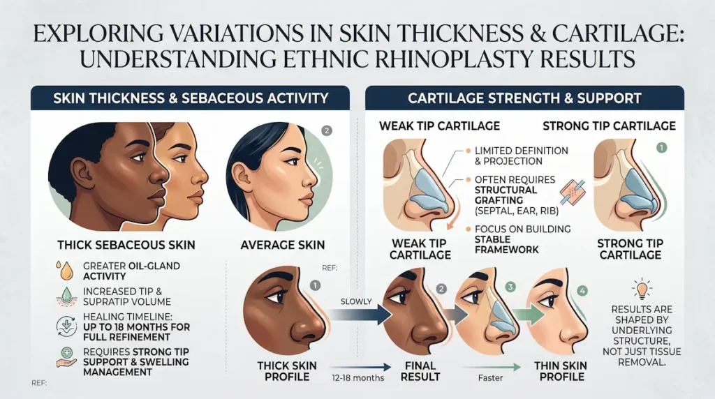 Ethnic rhinoplasty Turkey infographic showing skin thickness and cartilage support in nose surgery results.