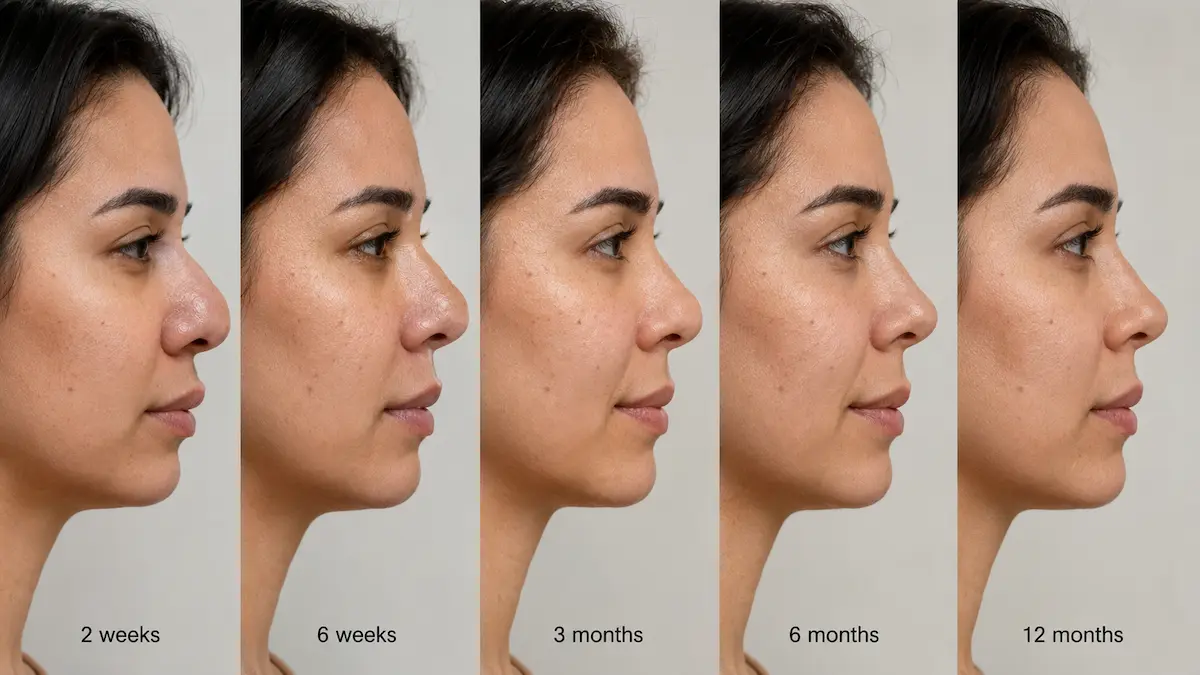 Thick skin rhinoplasty swelling progression timeline showing tip oedema reducing at 2 weeks, 6 weeks, 3 months, 6 months and 12 months in profile view.