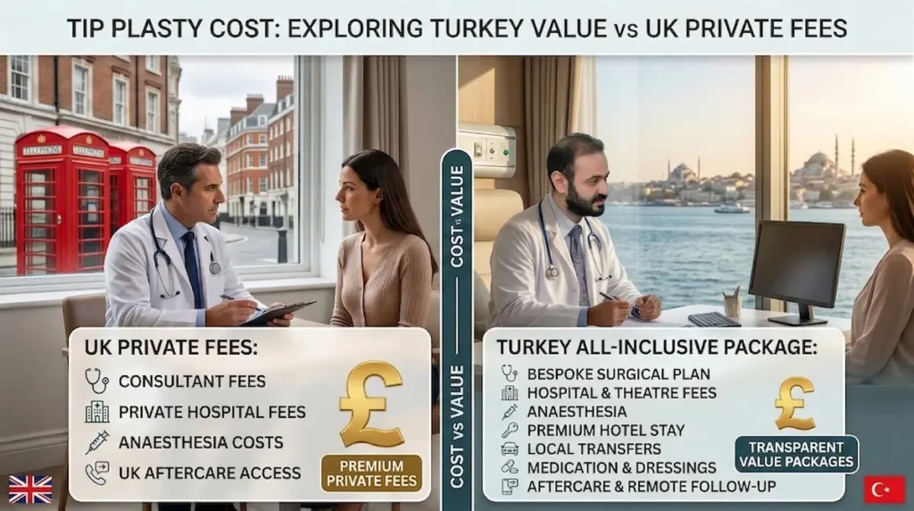 Cost comparison graphic for tip plasty Turkey showing UK private fees versus a Turkey all-inclusive package.