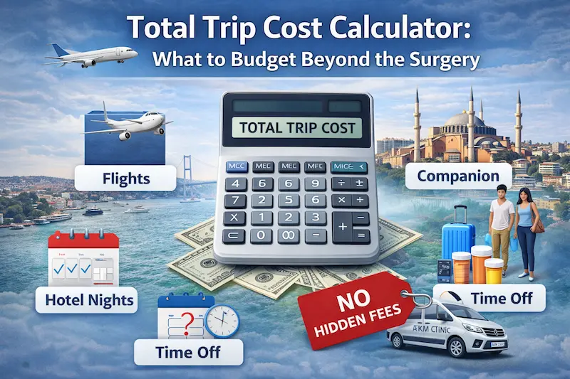 Total trip cost calculator infographic showing flights, hotel nights, companion travel, time off, and a calculator for budgeting beyond surgery in Istanbul.